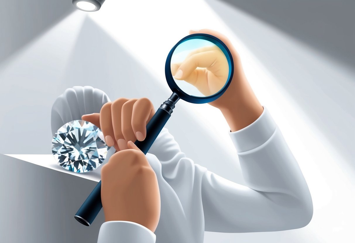 A person using a magnifying glass to inspect a diamond against a white background under bright lighting