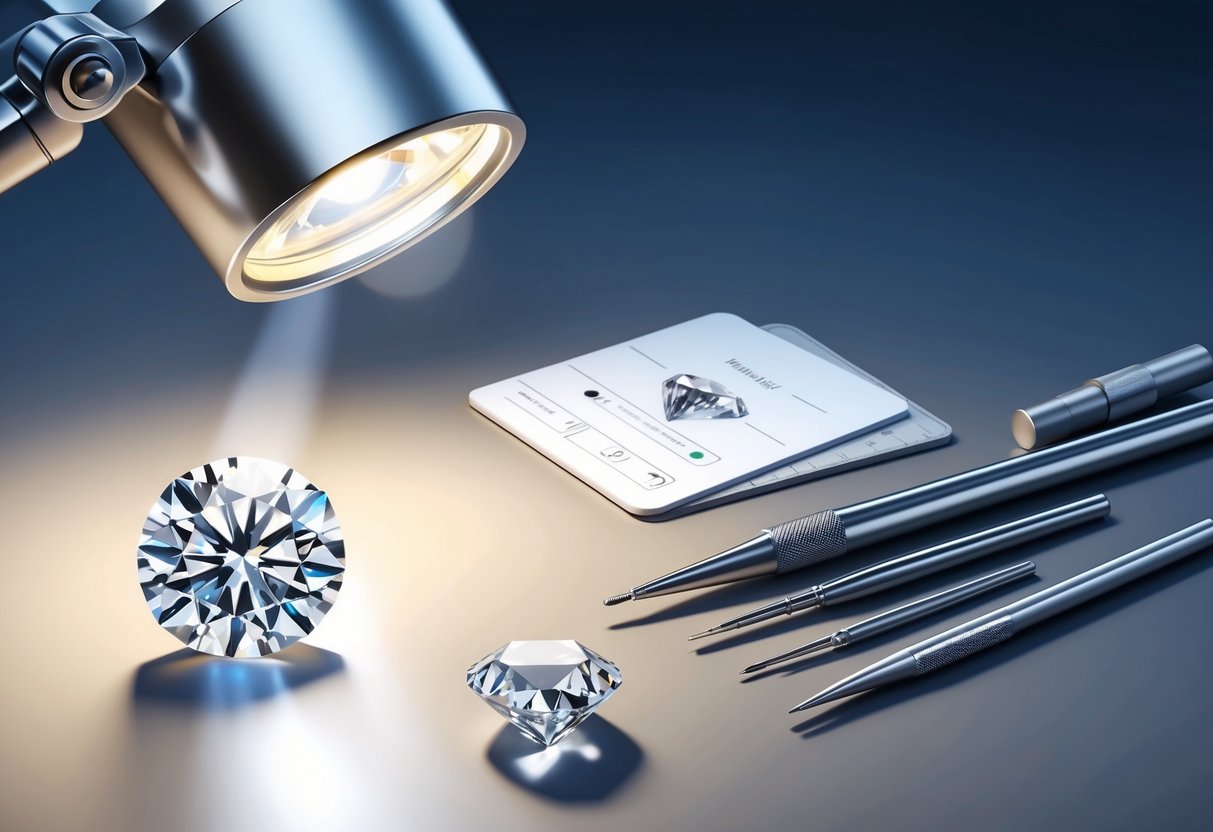 A diamond being examined under a jeweler's loupe with a bright light source, next to a set of diamond testing tools and reference materials