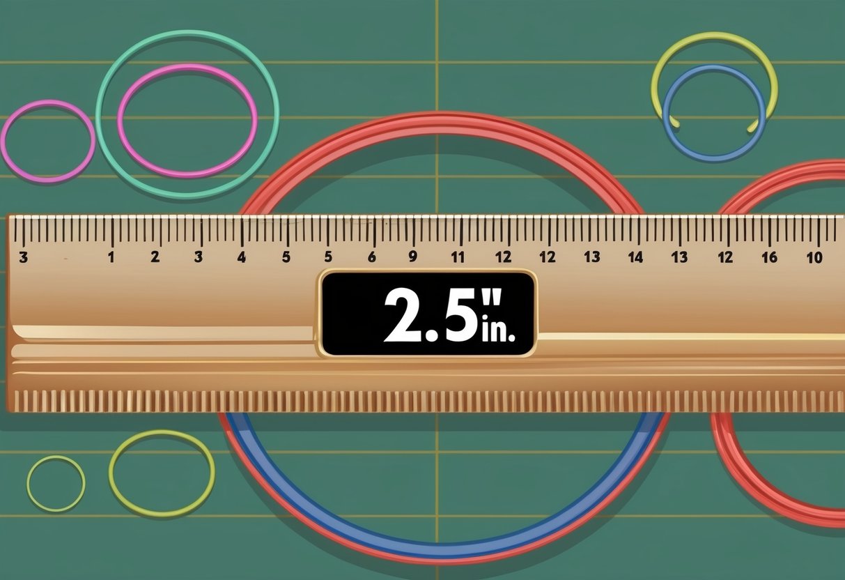 A ruler displaying 2.5 inches, surrounded by various sizes of rings