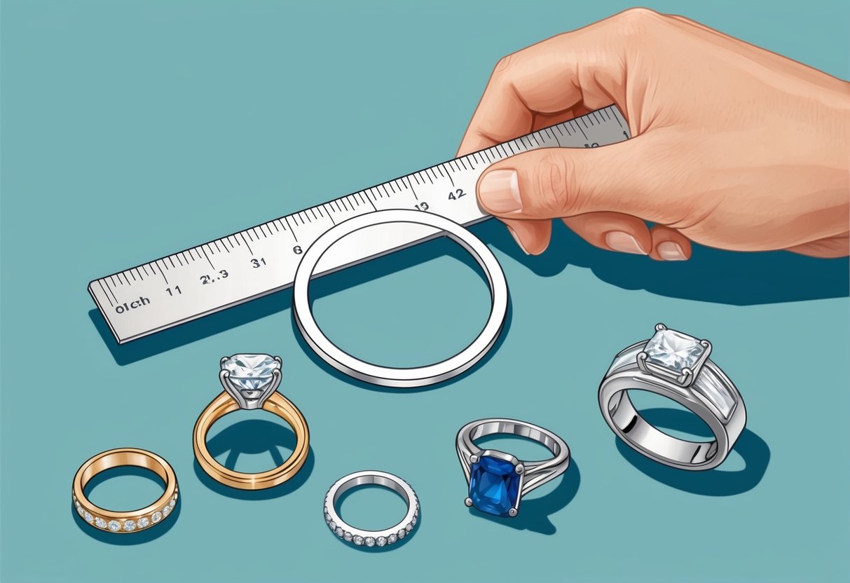 A jeweler's hand holds a ruler against a ring sizer, measuring a 2.5-inch diameter circle. A variety of ring sizes and styles are displayed nearby