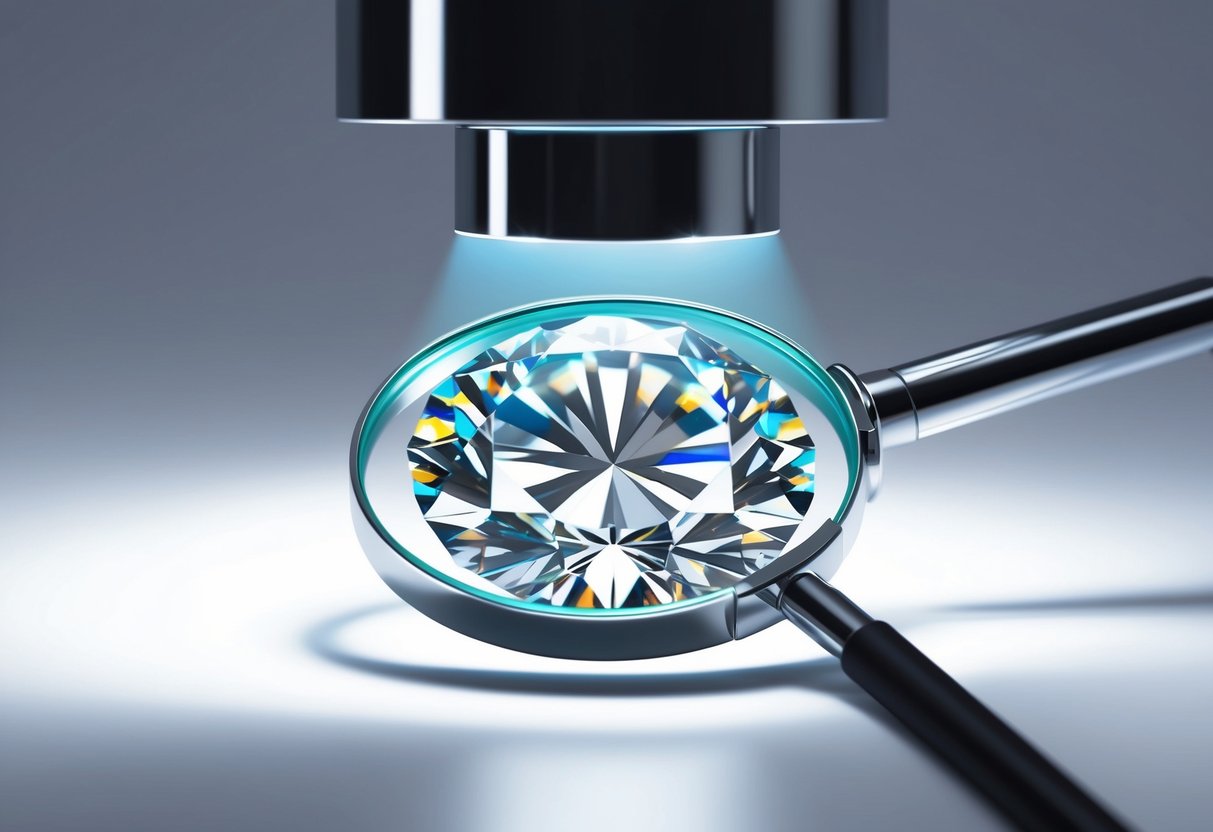 A diamond being examined under a bright light with a magnifying glass