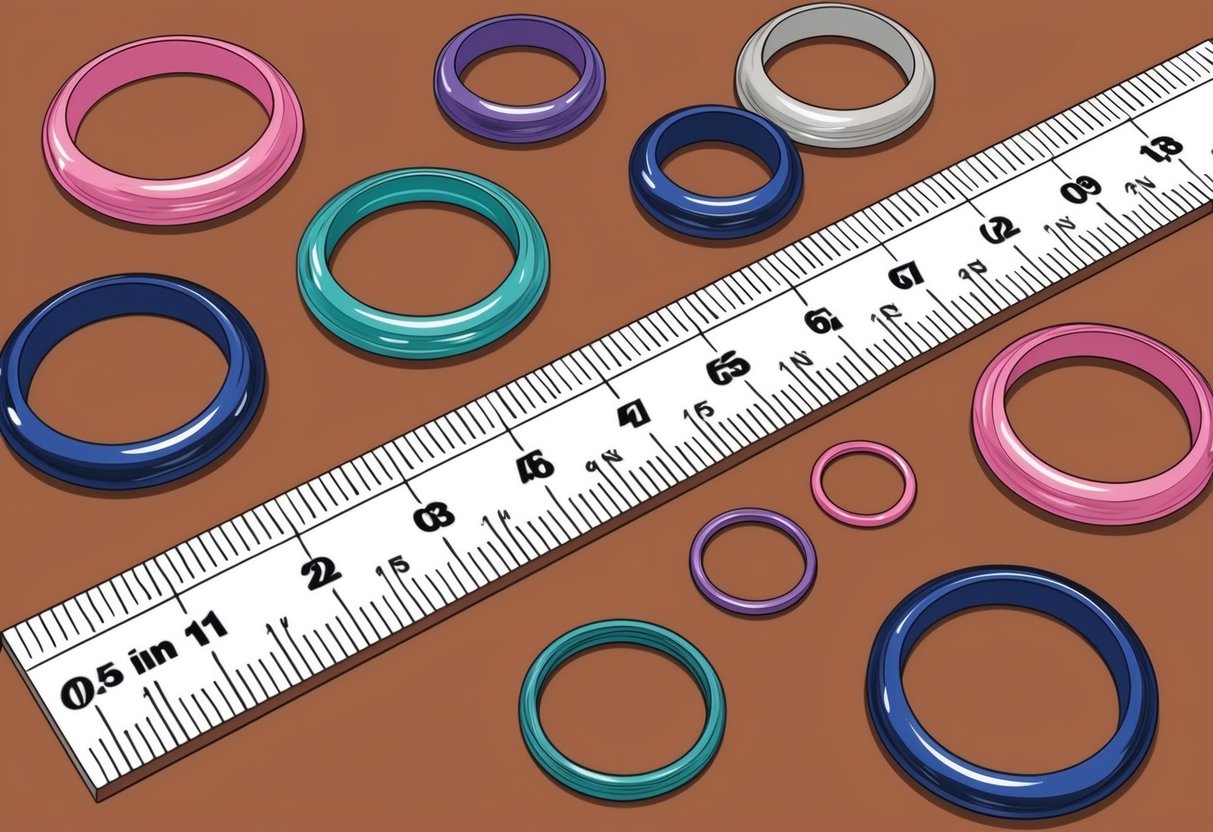 A ruler measuring 2.5 inches, surrounded by various ring sizes