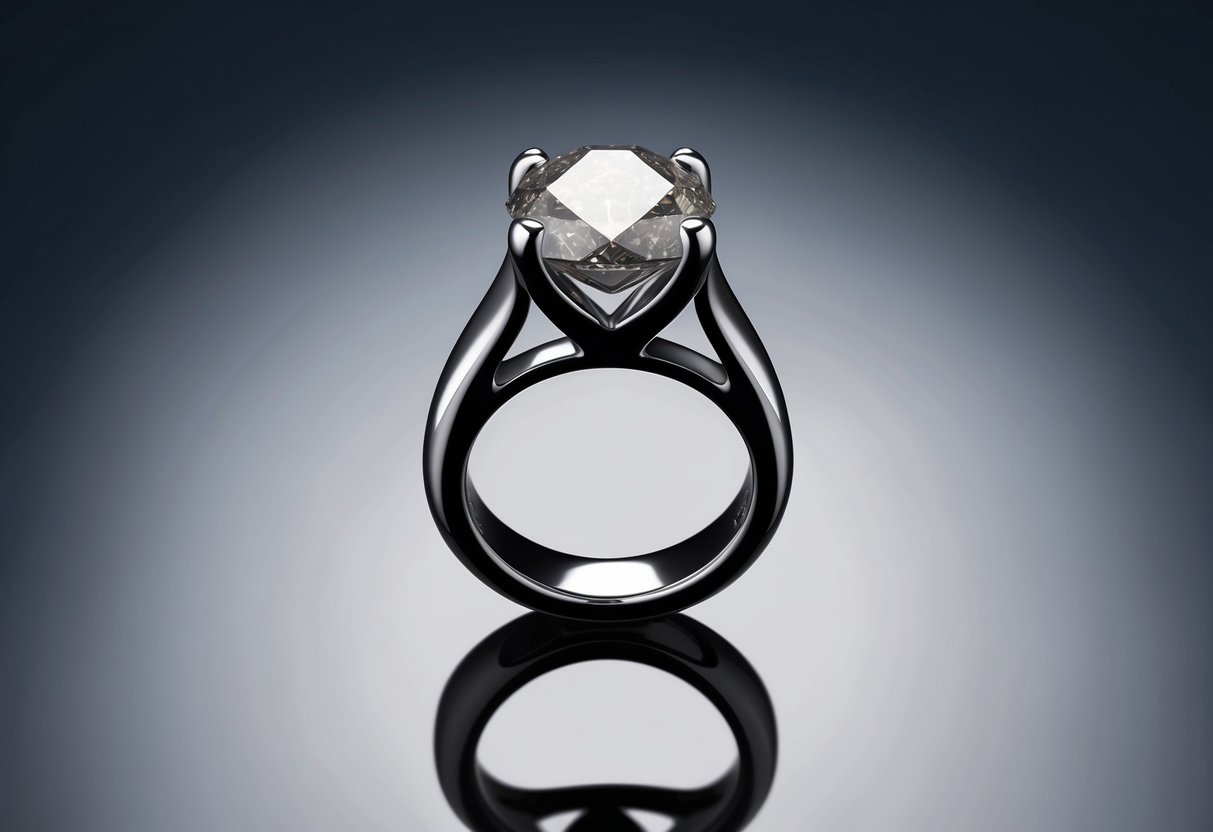 A salt and pepper diamond set in a sleek, modern ring, catching the light against a dark background