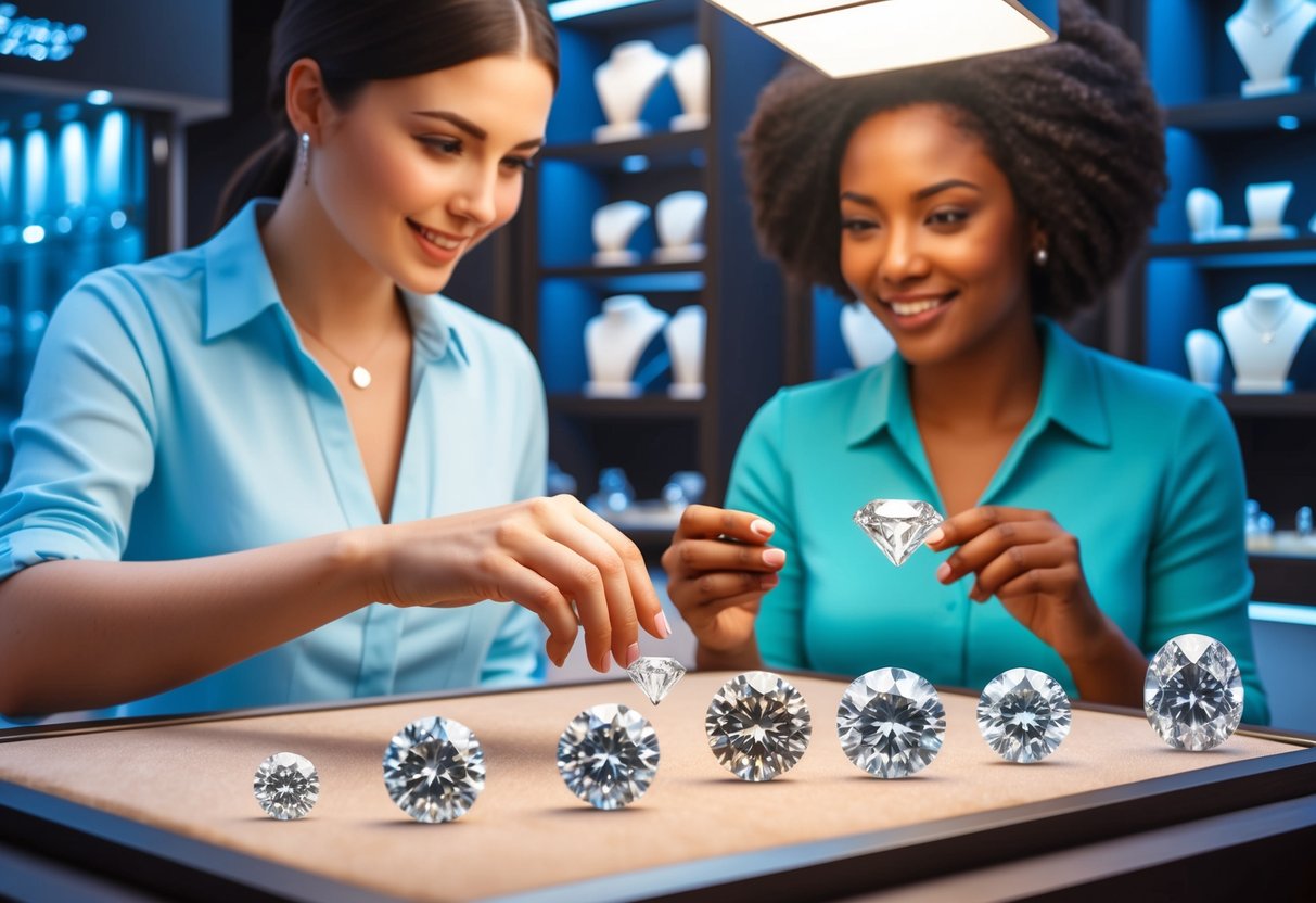 A customer examining various salt and pepper diamonds under bright lighting in a jewelry store