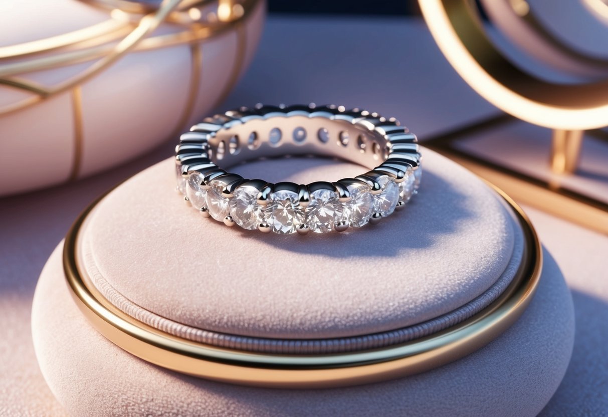 A sparkling eternity band rests on a velvet jewelry display, surrounded by soft lighting and elegant decor