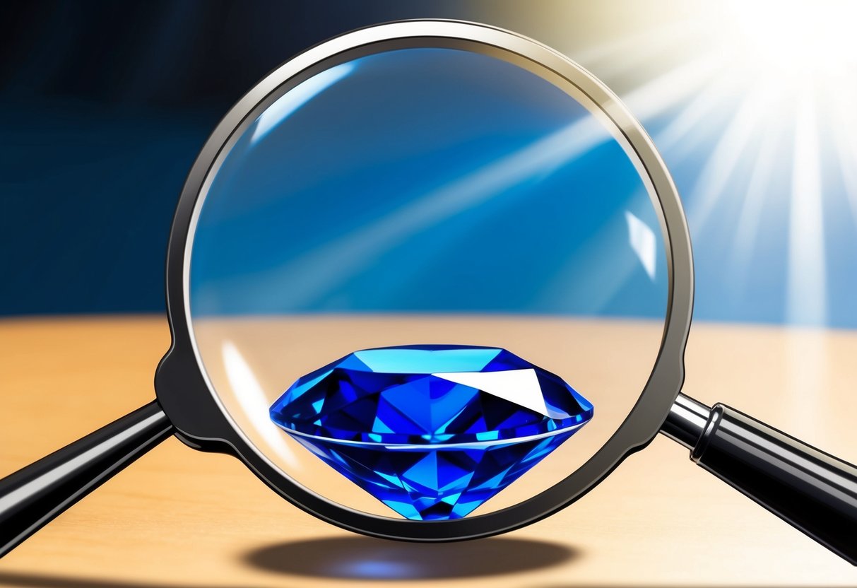 A magnifying glass examining a deep blue sapphire under bright, natural light. The sapphire's facets and color are clearly visible