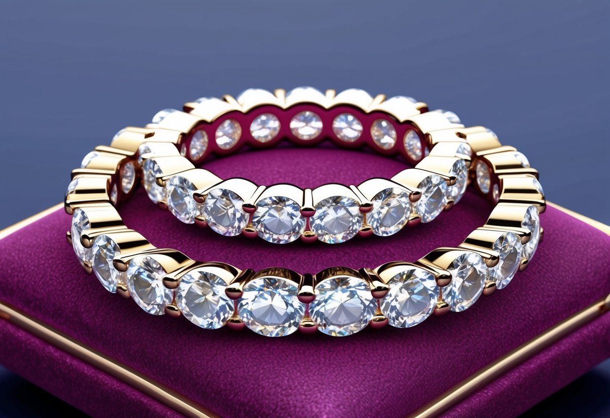 A sparkling eternity band surrounded by gemstones and diamonds on a velvet cushion