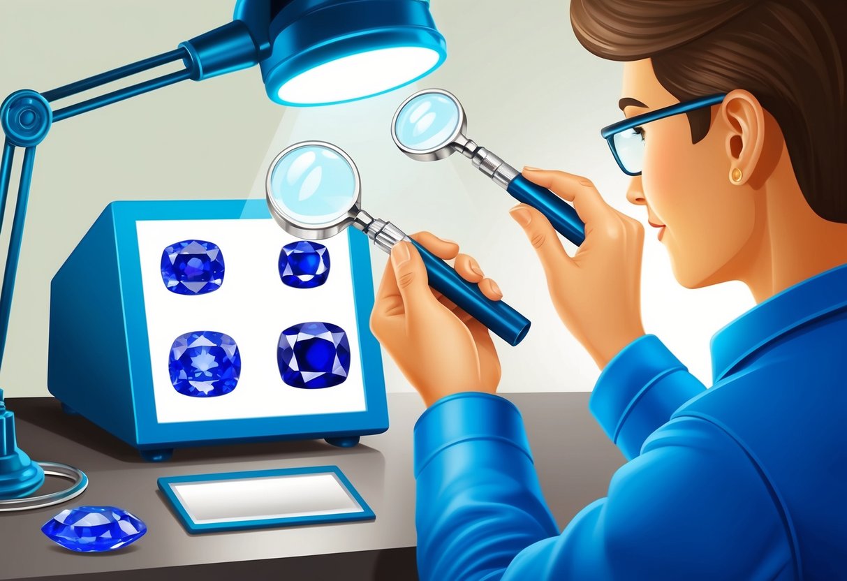 A jeweler examining sapphires under a bright light, using a loupe to inspect their color, clarity, and inclusions for authenticity