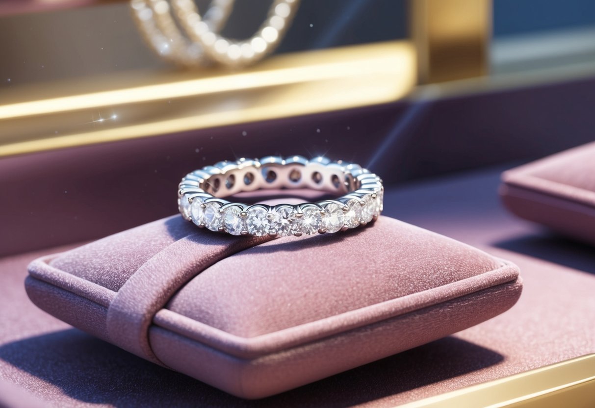 A sparkling eternity band displayed on a velvet cushion in a jewelry store window