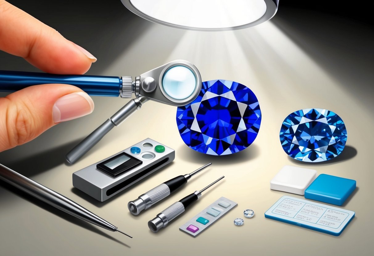 A sapphire being examined under a bright light with a jeweler's loupe, alongside a set of testing tools and reference samples