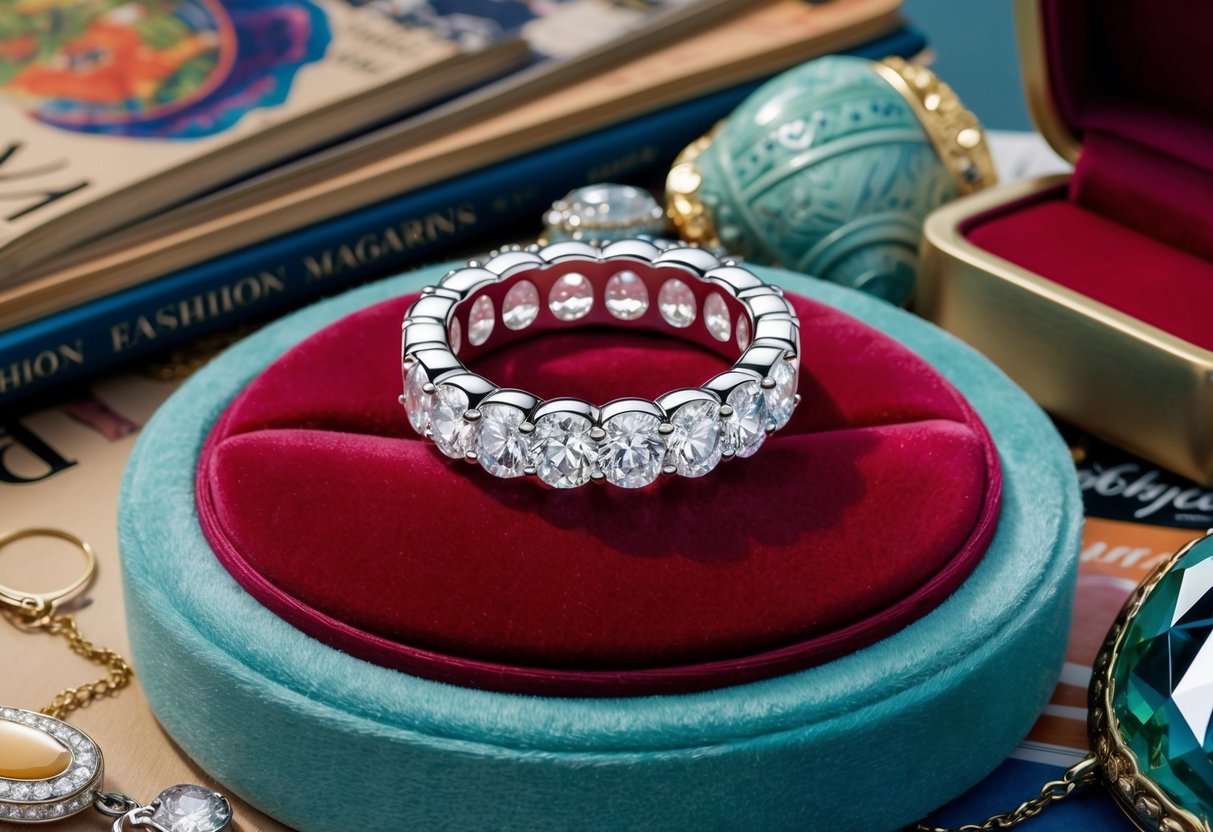 A sparkling eternity band resting on a velvet jewelry display, surrounded by vintage fashion magazines and cultural artifacts