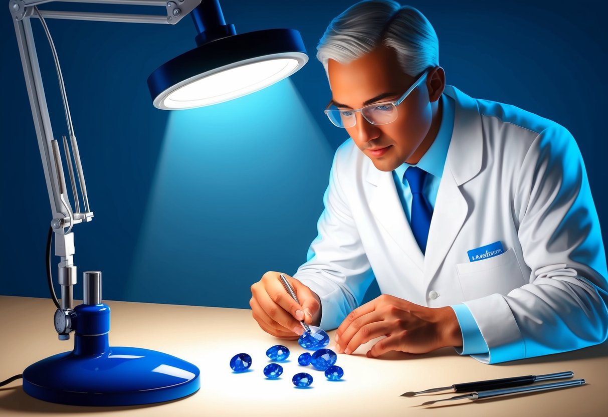 A professional examining sapphires under a bright light with magnifying tools