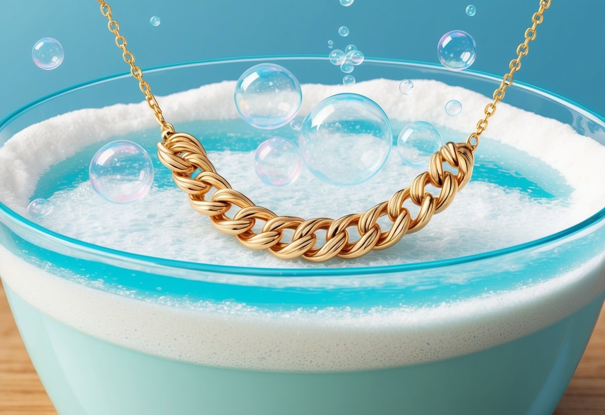 A gold necklace submerged in a mixture of baking soda and water, with bubbles fizzing around the jewelry