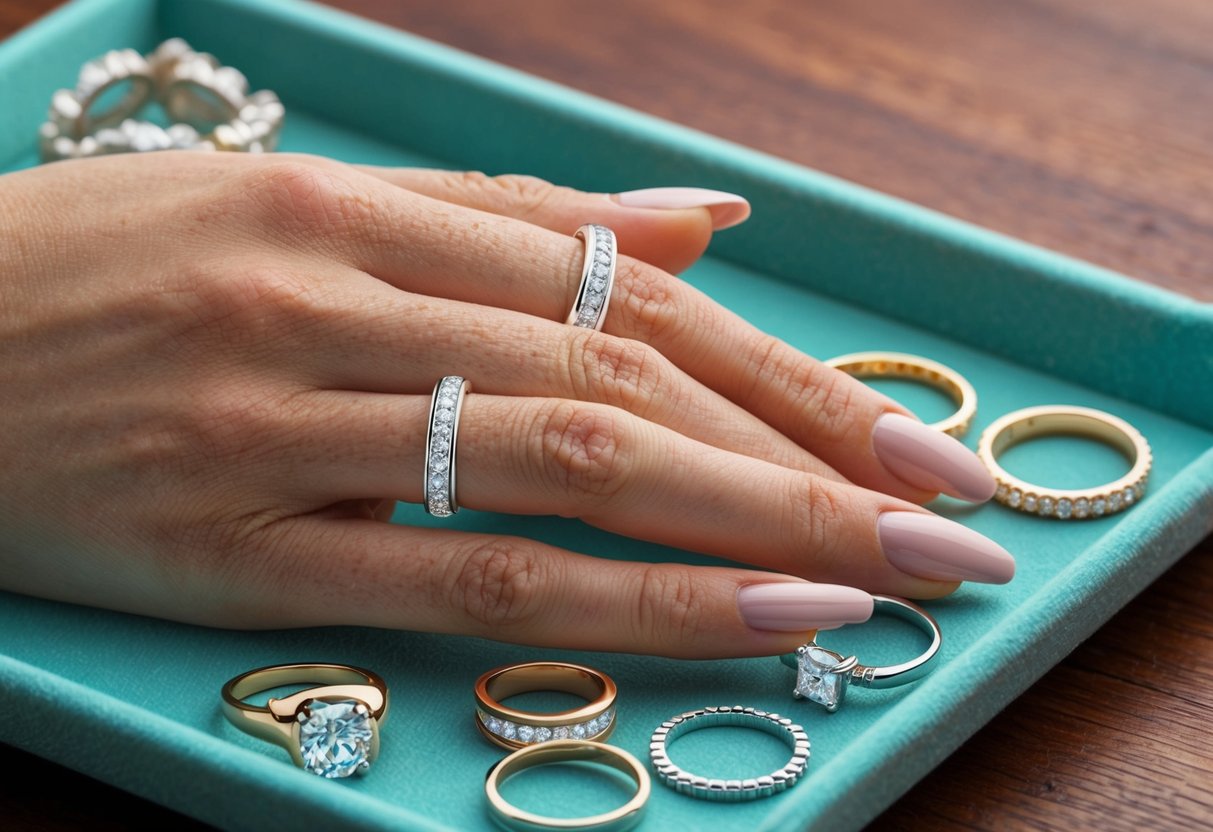 A hand with an eternity band nestled among other rings on a jewelry tray