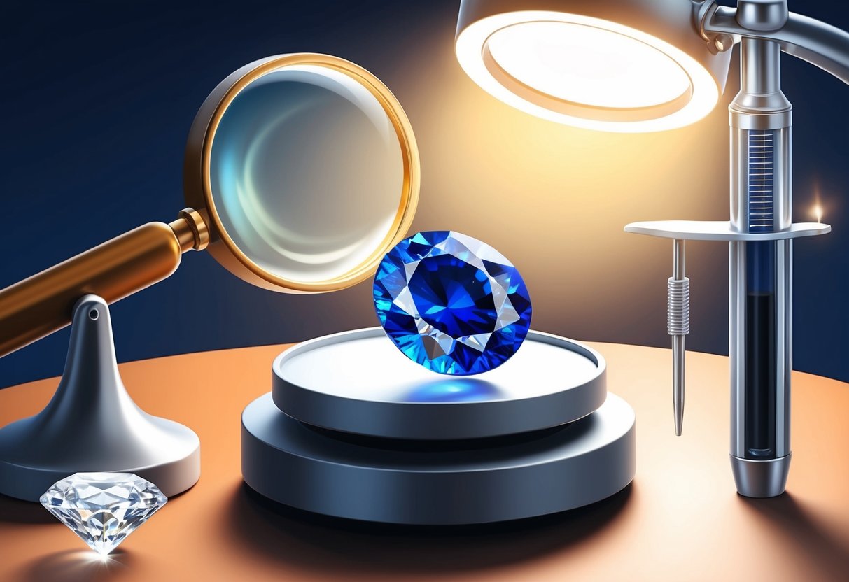 A magnifying glass examining a sapphire under bright light, with a scale and a diamond tester nearby