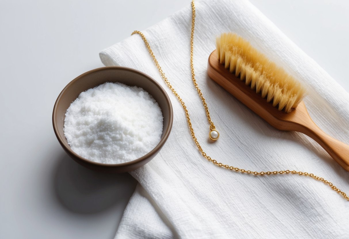 A small bowl of baking soda sits next to a delicate gold necklace and a soft-bristled brush on a clean white cloth