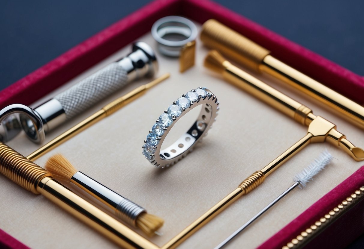 A sparkling eternity band rests on a velvet jewelry display, surrounded by delicate tools for cleaning and maintenance