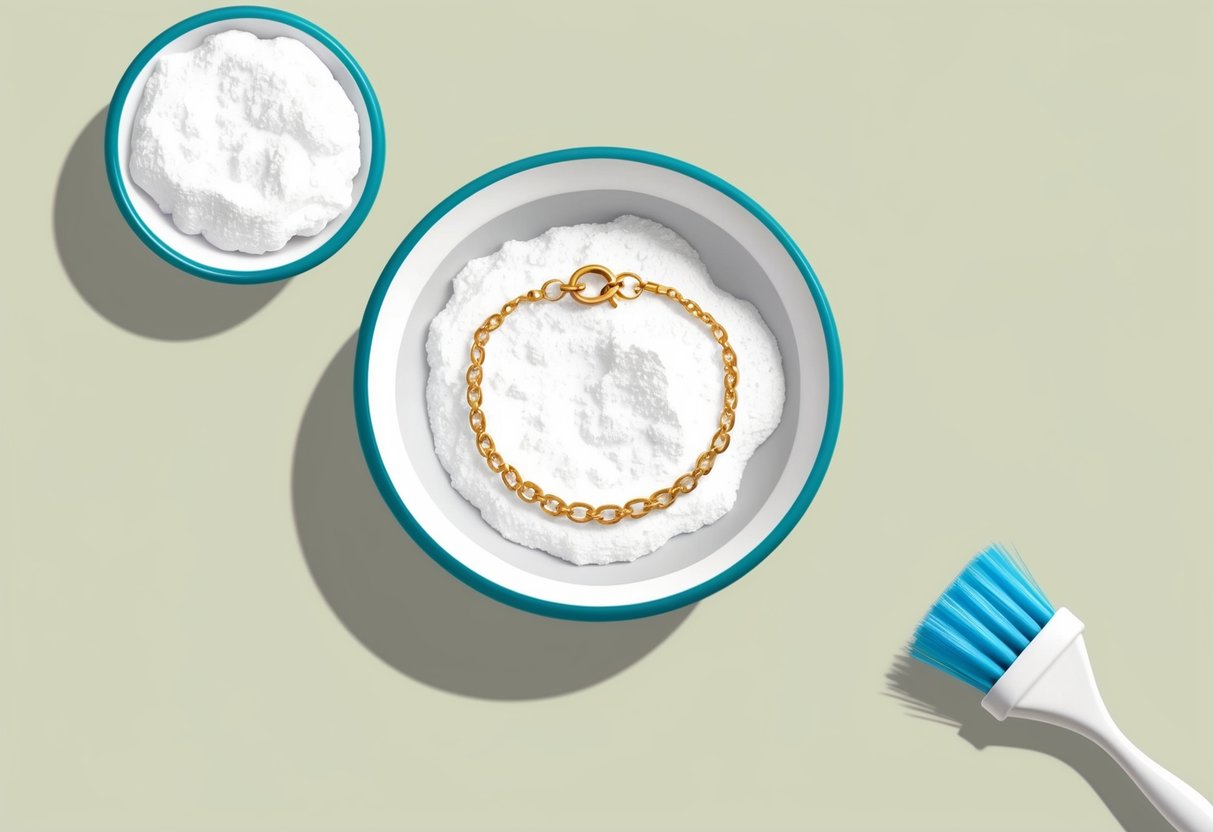 A small bowl filled with baking soda and a gold necklace submerged in it, with a soft-bristled brush nearby for cleaning