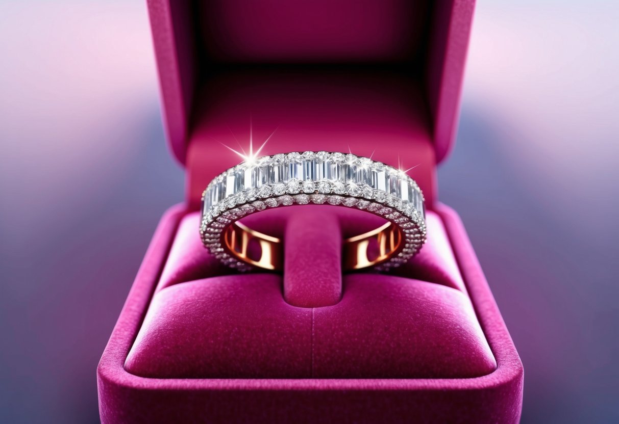 A sparkling eternity band displayed on a velvet cushion under soft lighting