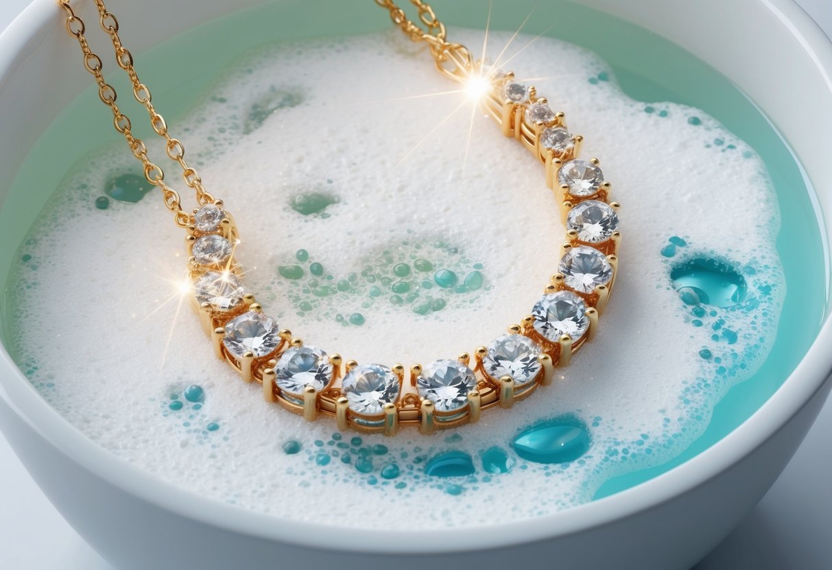 A sparkling gold necklace submerged in a bubbling solution of baking soda and water, with gemstones gleaming in the light