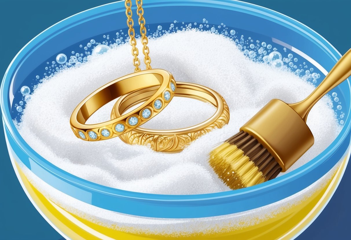 Gold jewelry submerged in a bowl of bubbling baking soda solution, with a soft-bristled brush nearby for gentle scrubbing