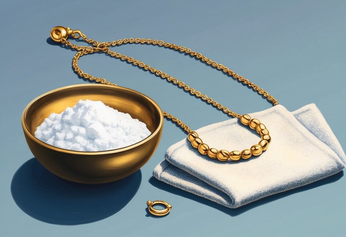 A small bowl filled with baking soda and a soft cloth next to a tarnished gold necklace