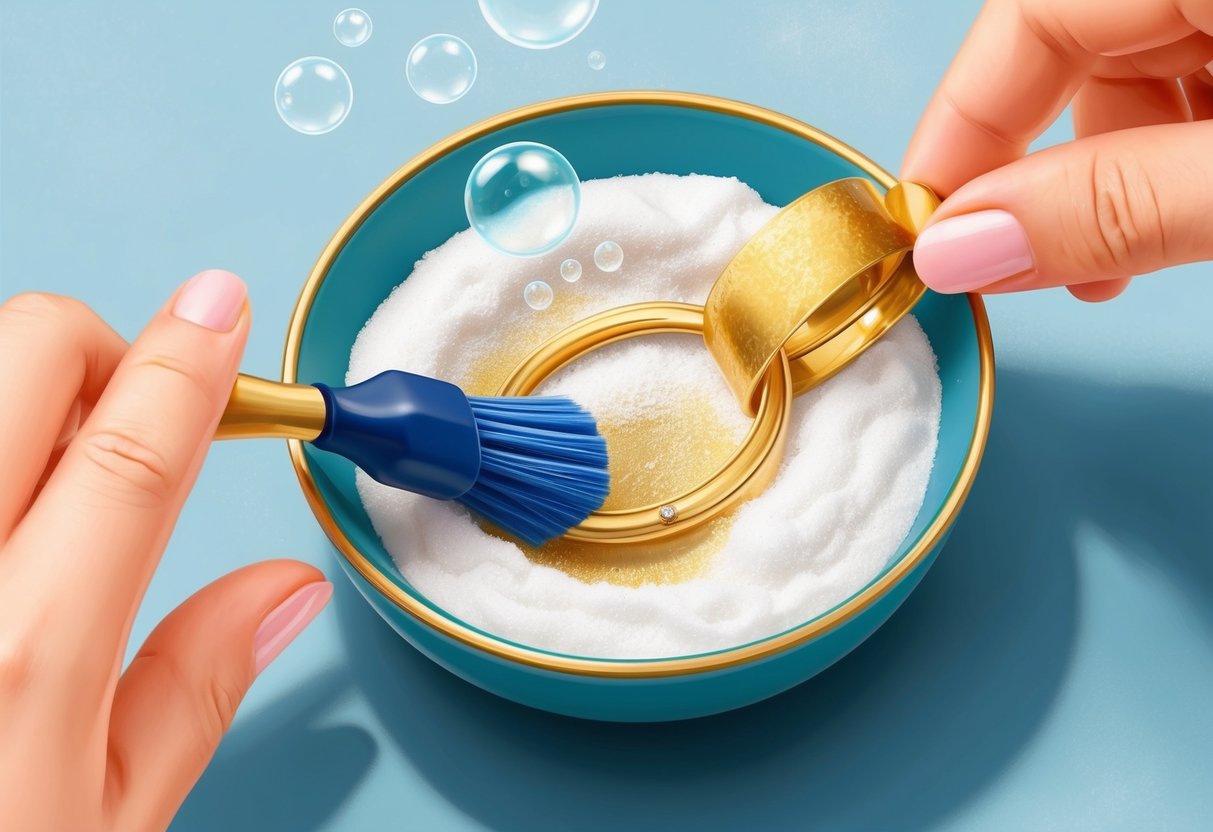 A small bowl with baking soda and a gold jewelry piece being gently scrubbed with a soft brush, bubbles forming as the tarnish and oxidation are removed