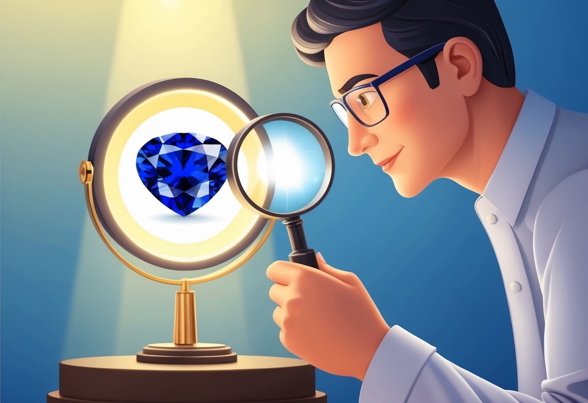 A jeweler inspecting a sapphire under a bright light with a magnifying glass to check for any imperfections or inclusions