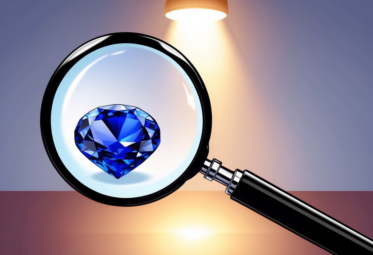 A magnifying glass examining a sapphire under bright light