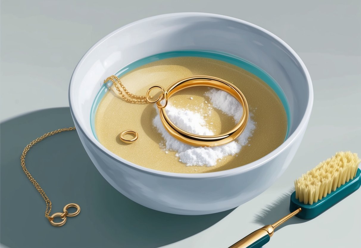 A small bowl with gold jewelry submerged in a mixture of baking soda and water, with a soft-bristled brush nearby for cleaning