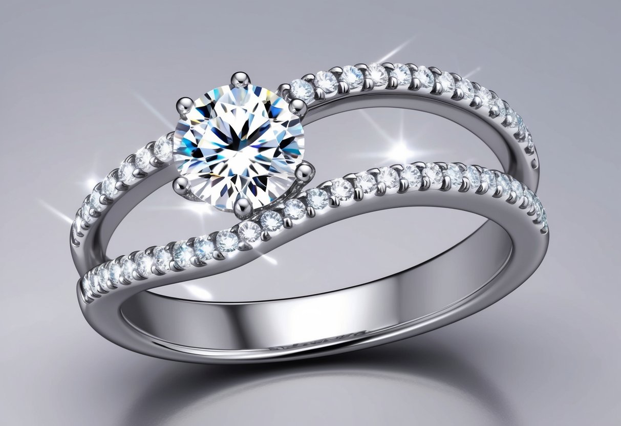 A sparkling diamond ring with a curved band wrapping around it, adorned with smaller diamonds, creating a dazzling ring enhancer