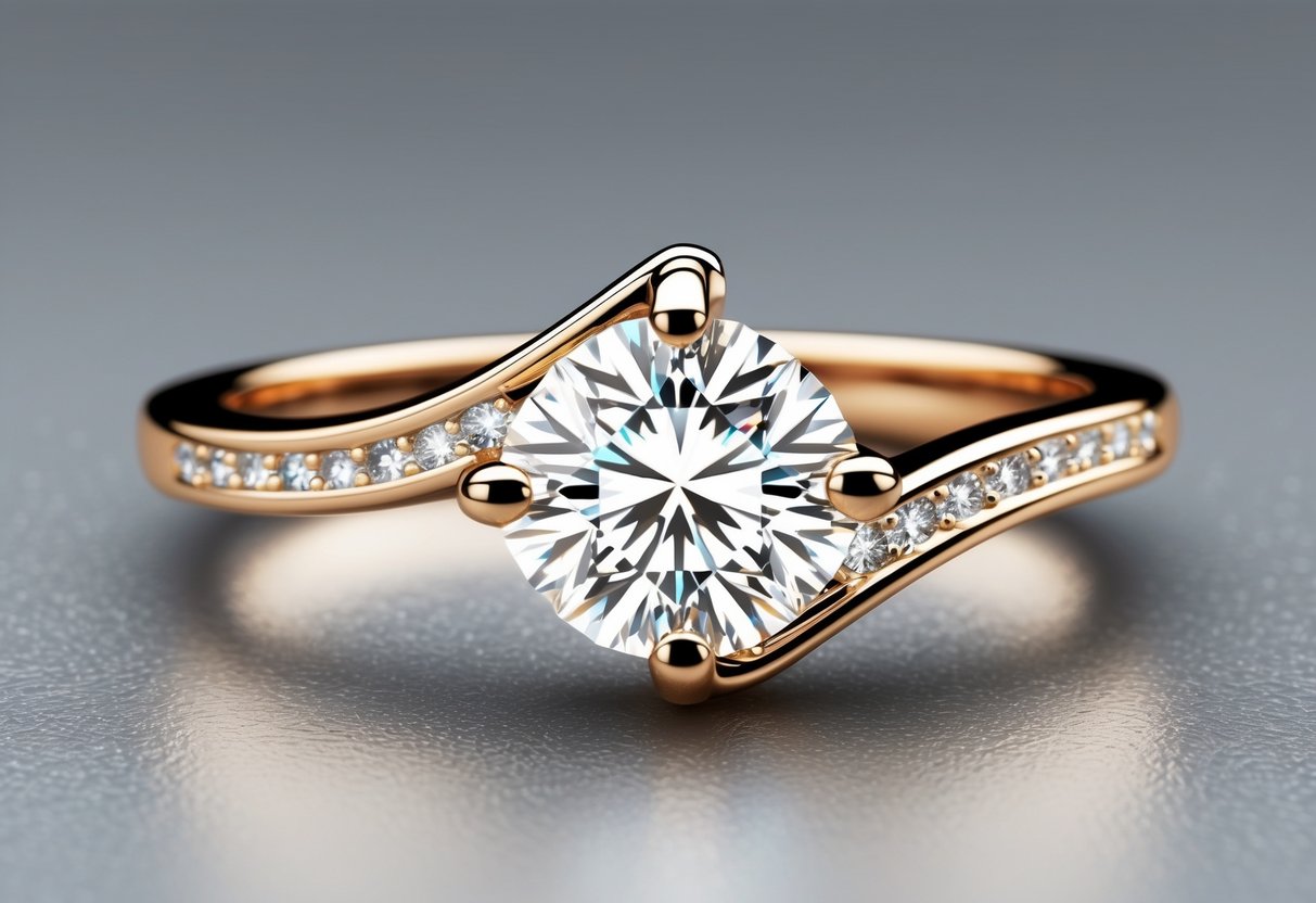 A sparkling diamond ring with a curved band wrapped around it, adding extra brilliance and elegance