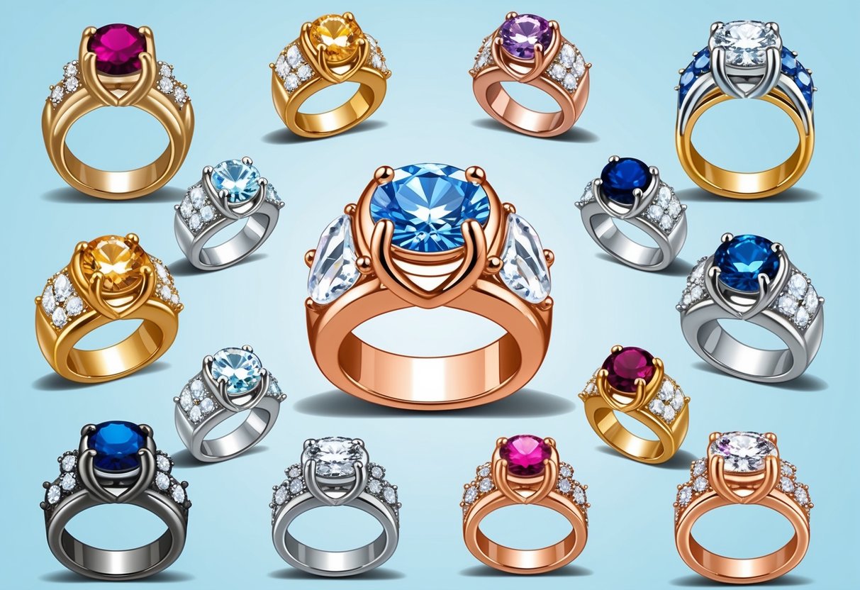 A ring enhancer displayed in various materials and styles, surrounded by different gemstones and settings for inspiration