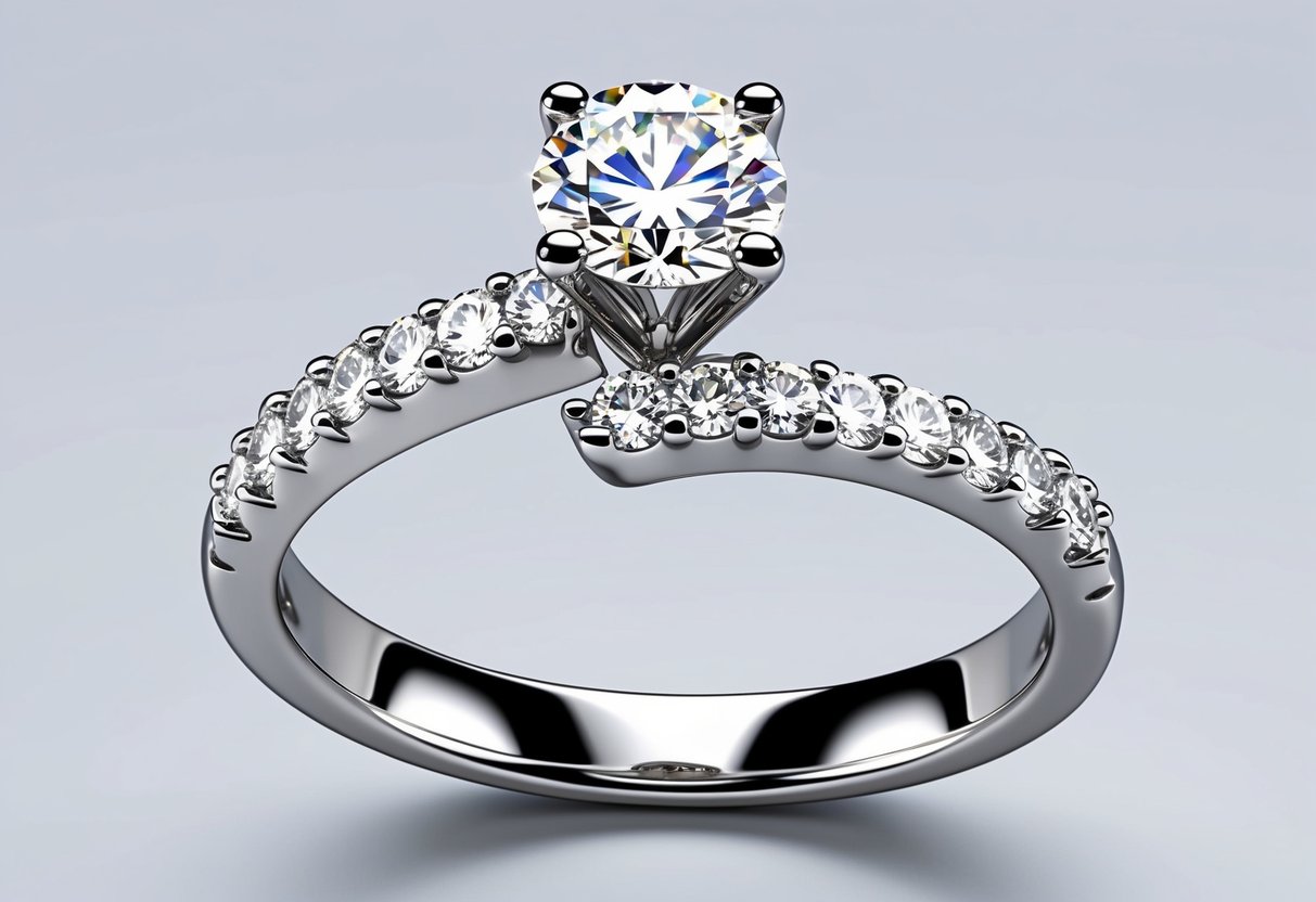 A ring enhancer, a curved band with diamonds, encircles a solitaire ring, adding sparkle and dimension to the overall design