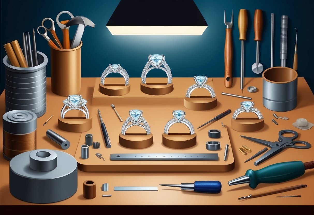 A jeweler's workbench with custom ring enhancers displayed, surrounded by professional tools and materials