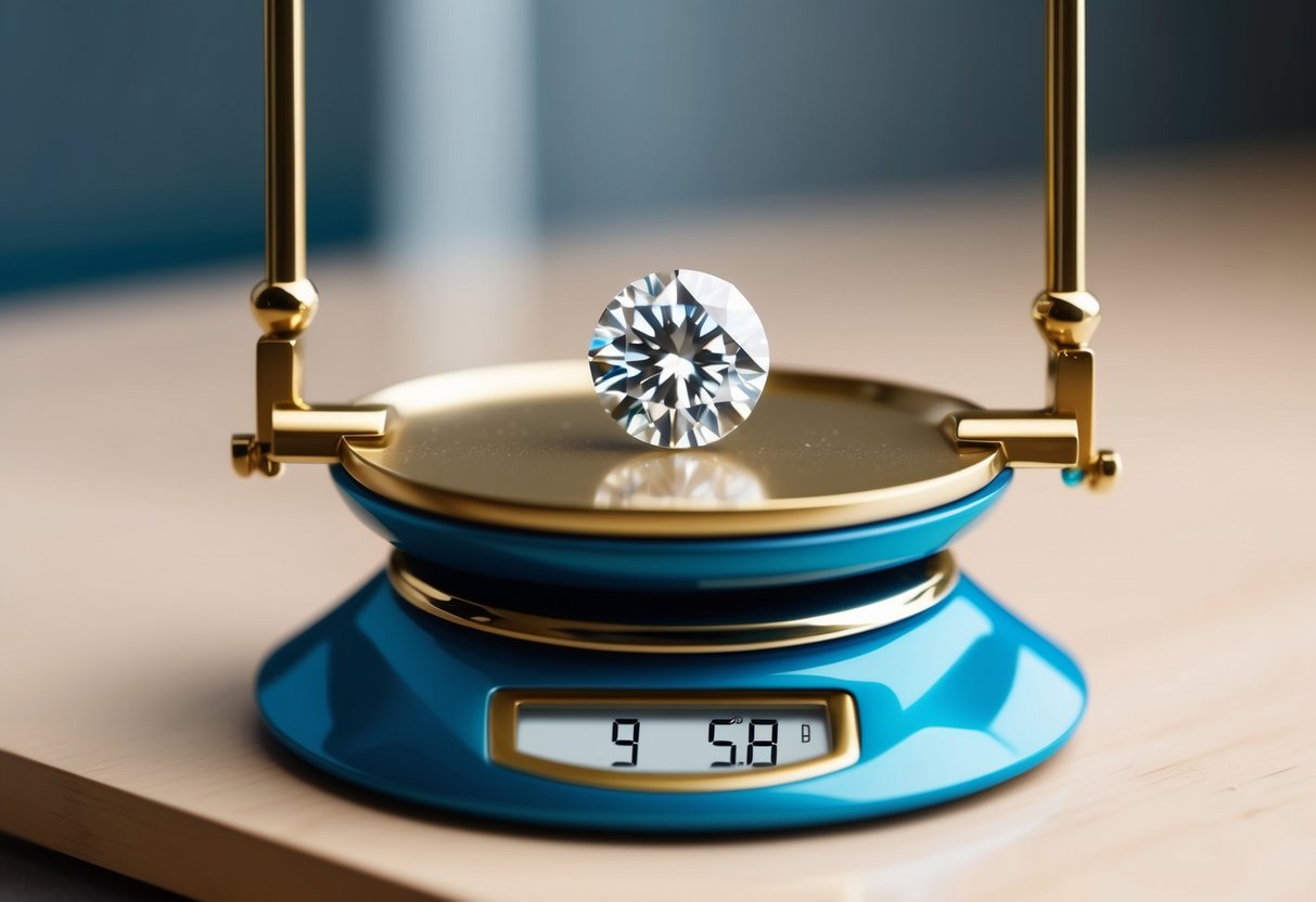 A jeweler's scale with a single diamond resting on it, the weight displayed in carats