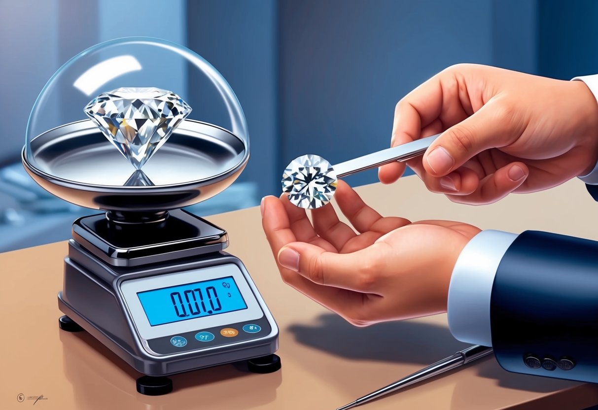 A jeweler weighing a diamond on a precision scale