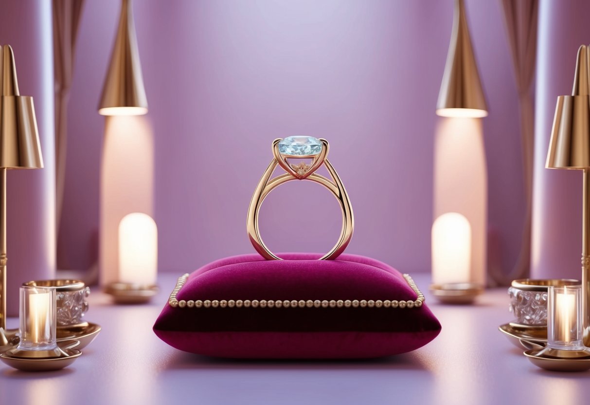 A ring enhancer displayed on a velvet cushion, surrounded by soft lighting and elegant decor