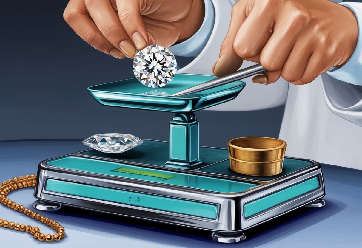 A jeweler's scale with a diamond being weighed