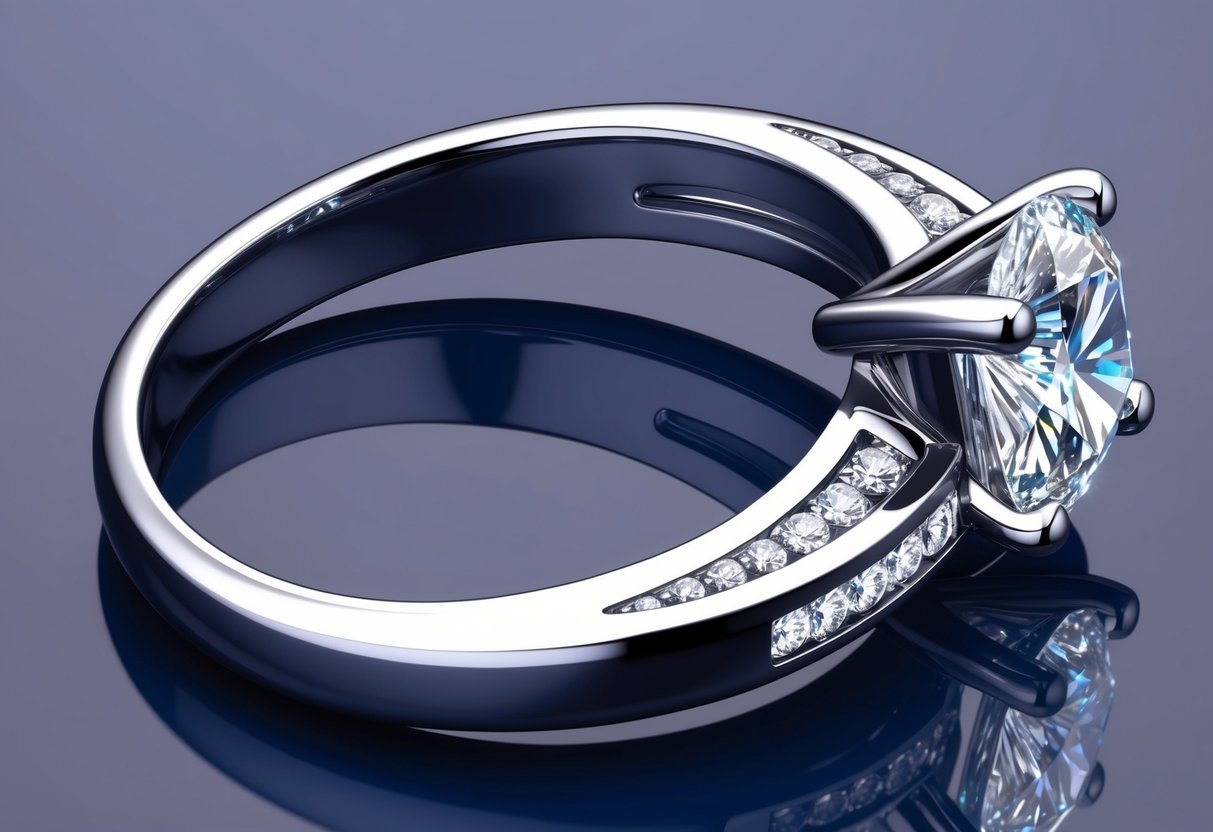 A sparkling diamond ring with a sleek, curved band surrounding it