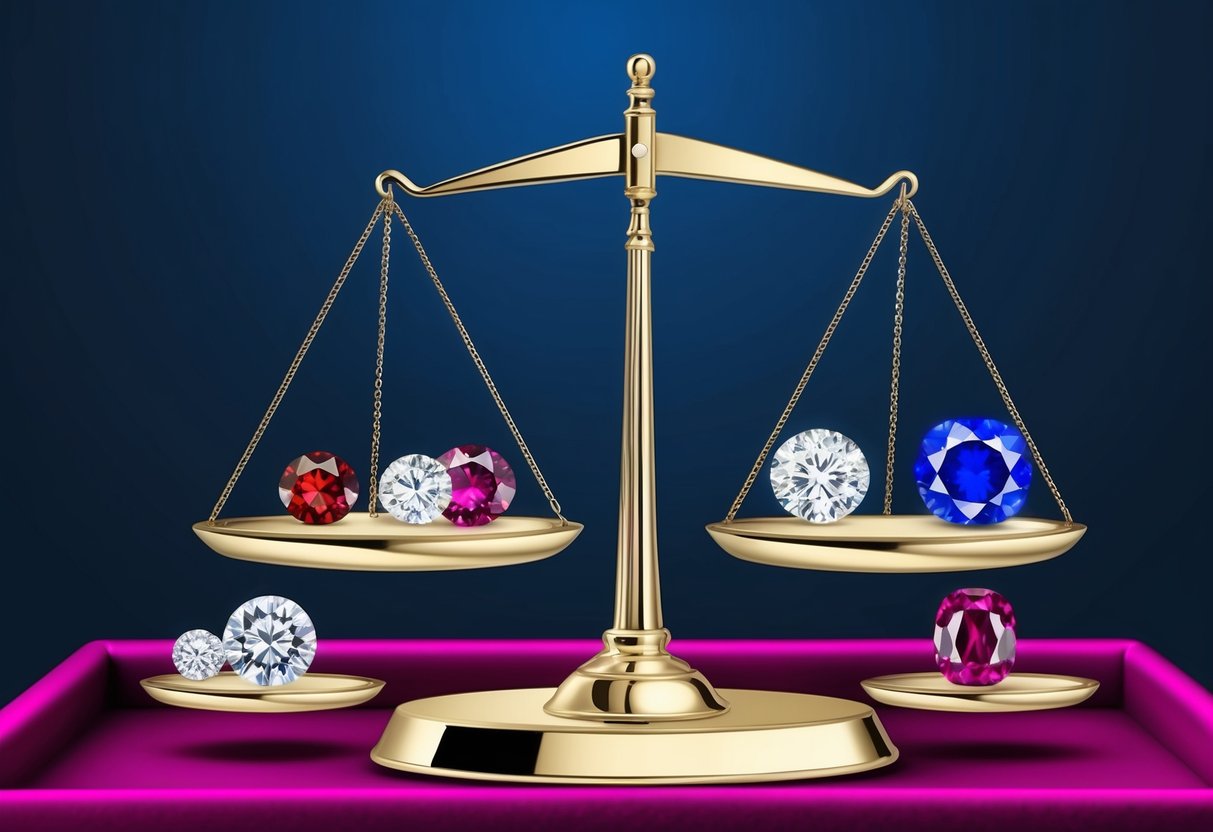 A scale with various jewels, including diamonds, rubies, and sapphires, each labeled with their respective carat weights, sits on a velvet-lined display