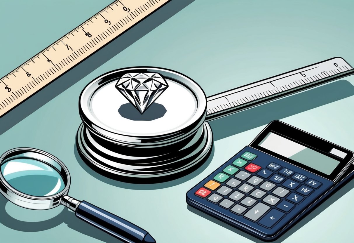 A scale with a single diamond resting on it, alongside a ruler for size comparison. A magnifying glass and a calculator are nearby