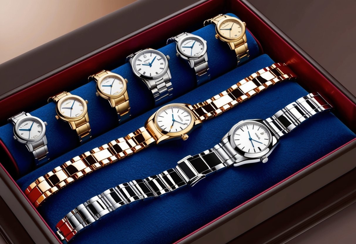 A collection of elegant watches and tennis bracelets displayed on a velvet-lined tray, ready to be paired together