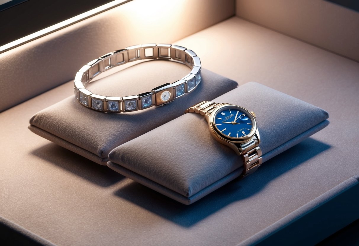 A tennis bracelet and a watch laid out on a velvet jewelry display, with soft lighting highlighting their elegance