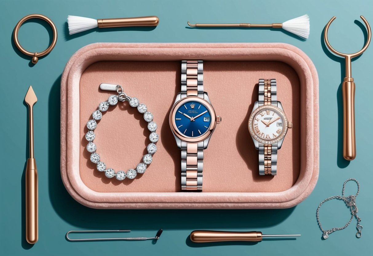 A tennis bracelet and watch lay side by side on a soft velvet jewelry tray, surrounded by delicate tools for cleaning and maintenance