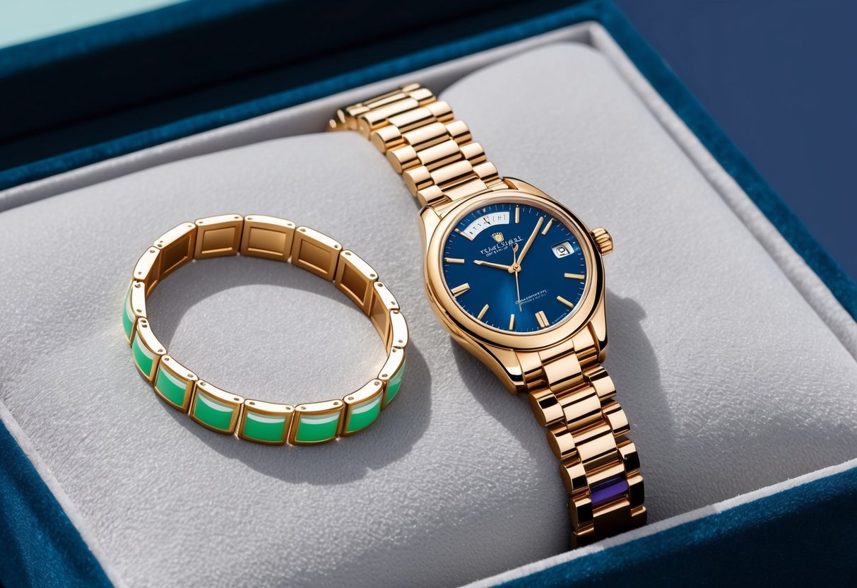 A tennis bracelet and watch lay side by side on a velvet jewelry display, ready to be worn