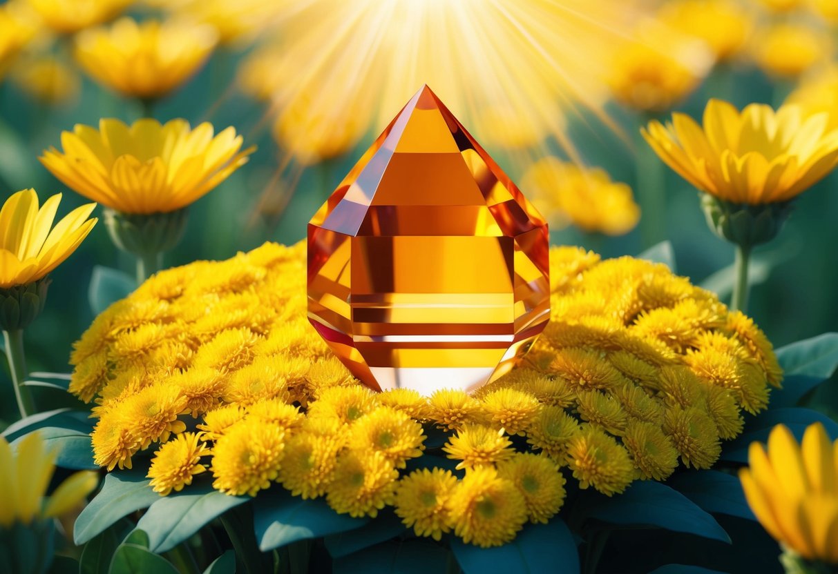 A vibrant citrine crystal resting on a bed of sunlit yellow flowers, radiating warmth and abundance