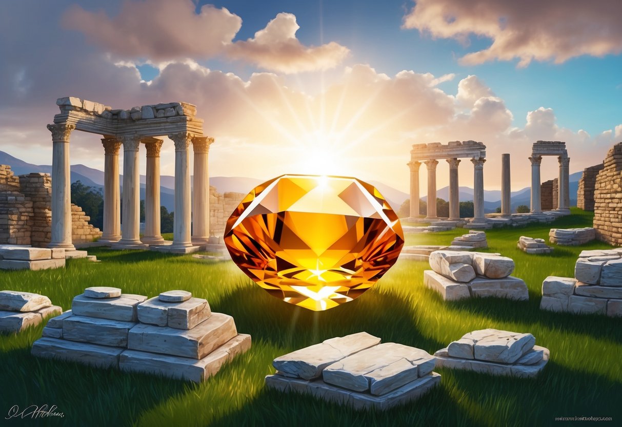 A sunlit citrine nestled among ancient ruins, symbolizing wealth and abundance in a historical and geographical context