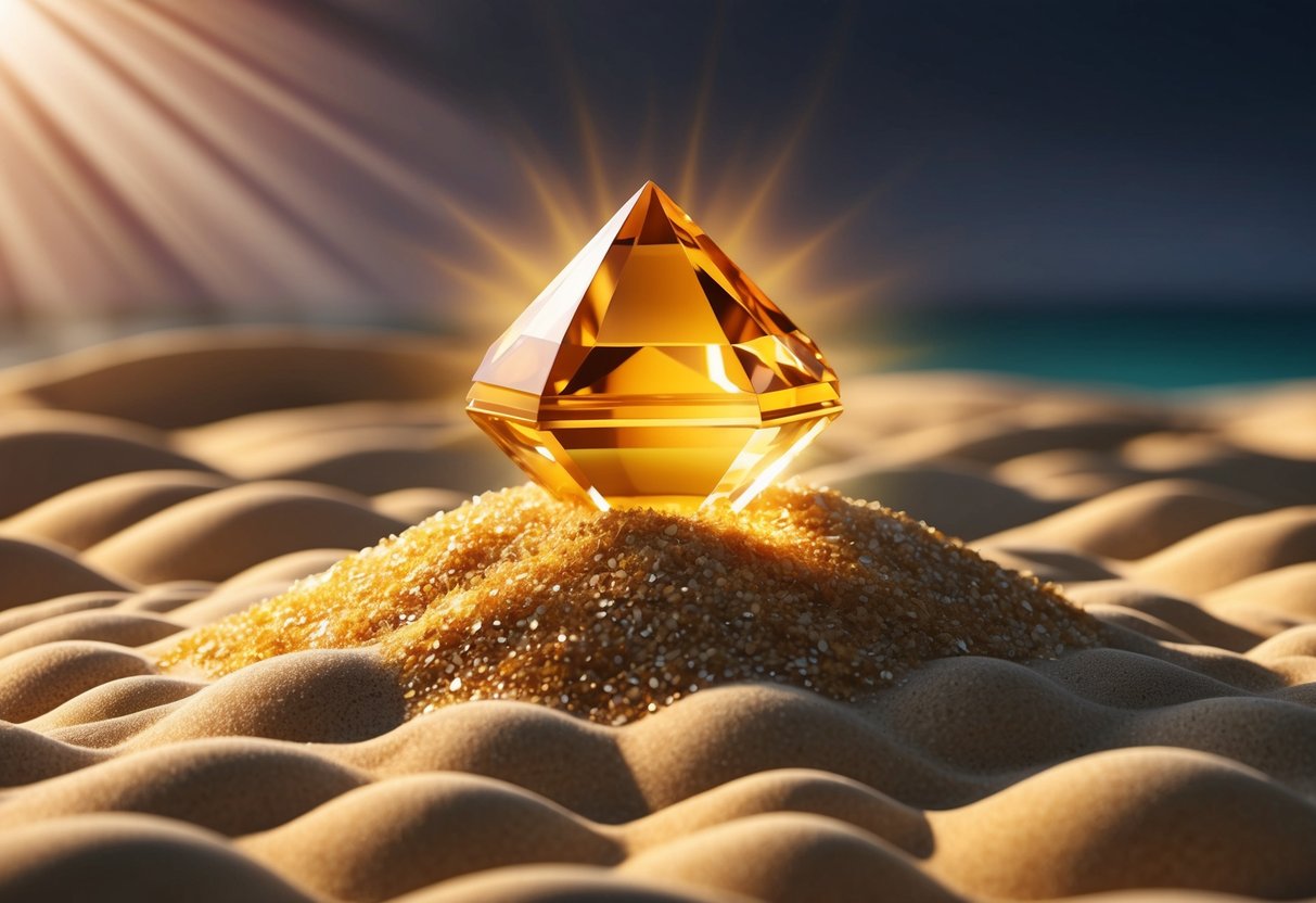 A glowing citrine crystal sits atop a bed of golden sand, surrounded by rays of warm sunlight