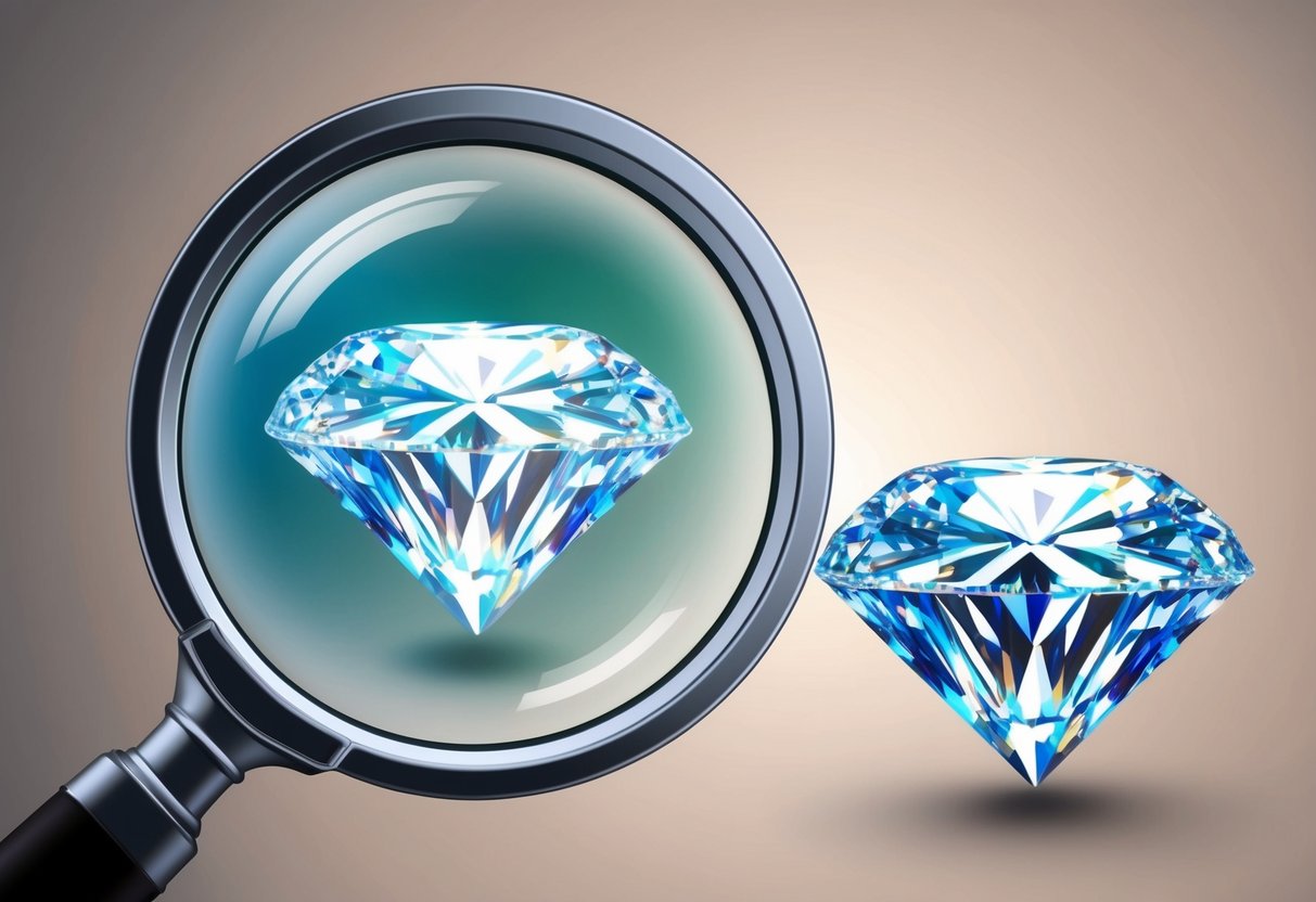 A magnifying glass hovers over a sparkling diamond, revealing its cut, color, clarity, and carat weight